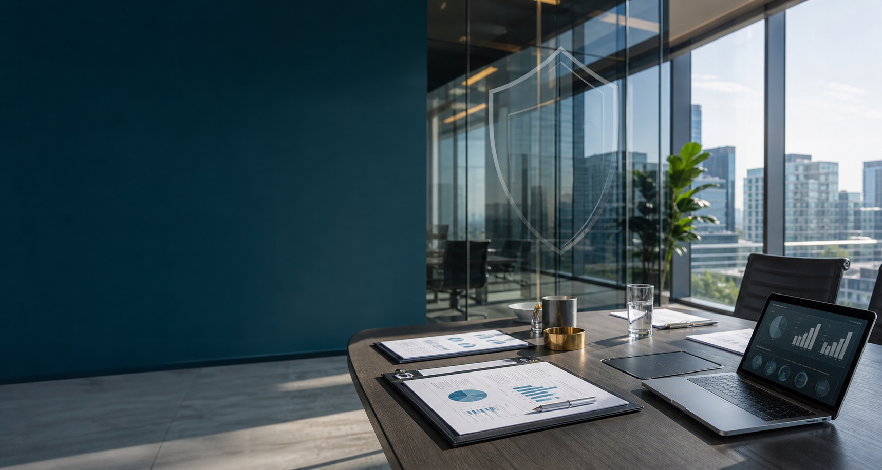 Modern compliance planning workspace with documents and security analytics.